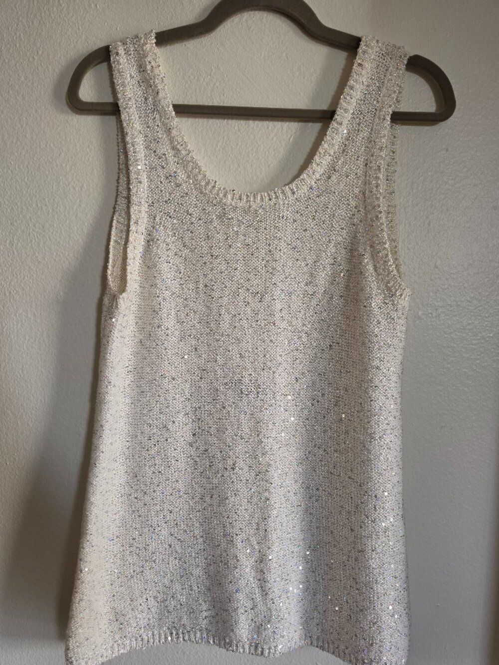 River Island Cream Sequin Knit Tank Top Open Back UK 10 US 6